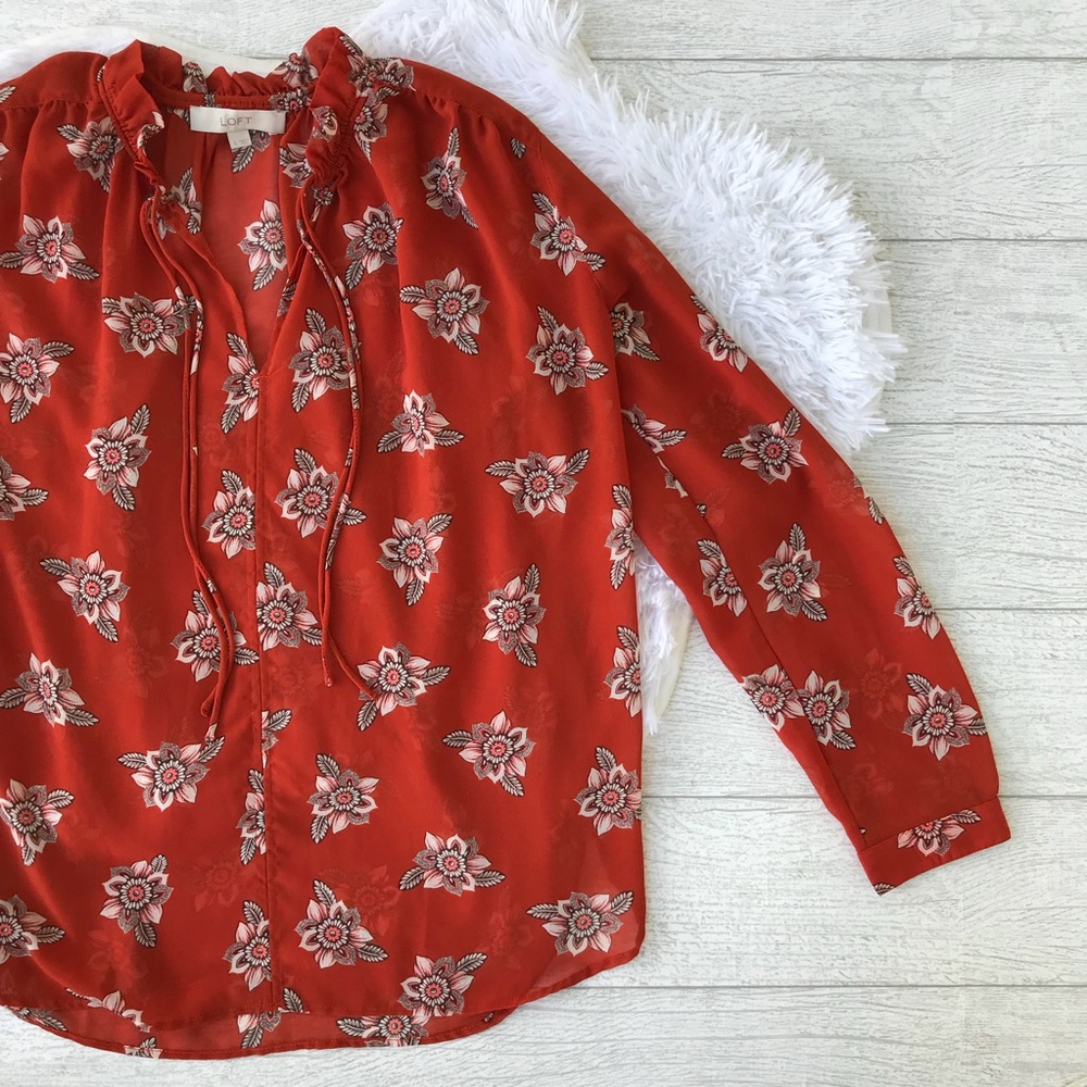 LOFT Burnt Orange Ruffle Neck Long Sleeved Blouse